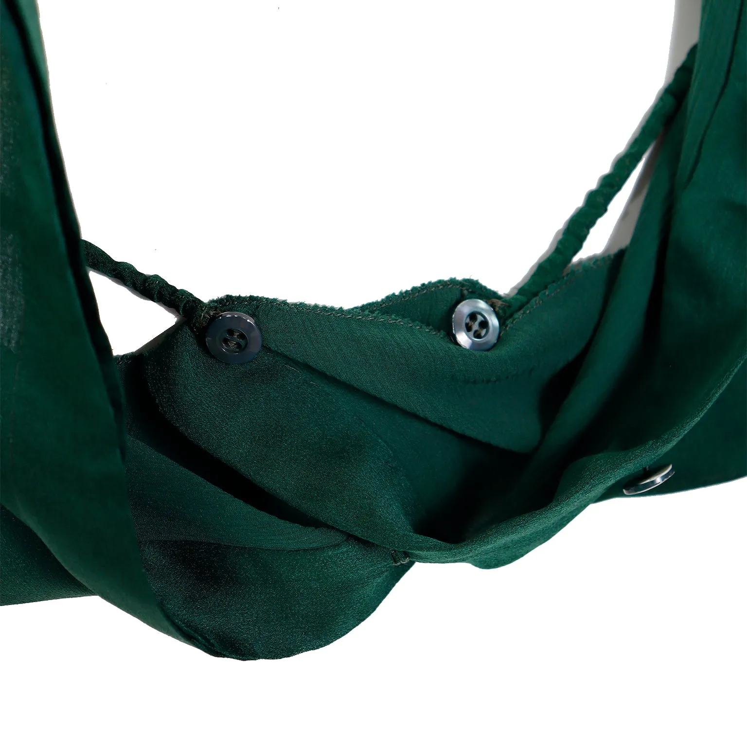 1990s Valentino Couture Green Silk Bow Blouse w Sheer Sleeves