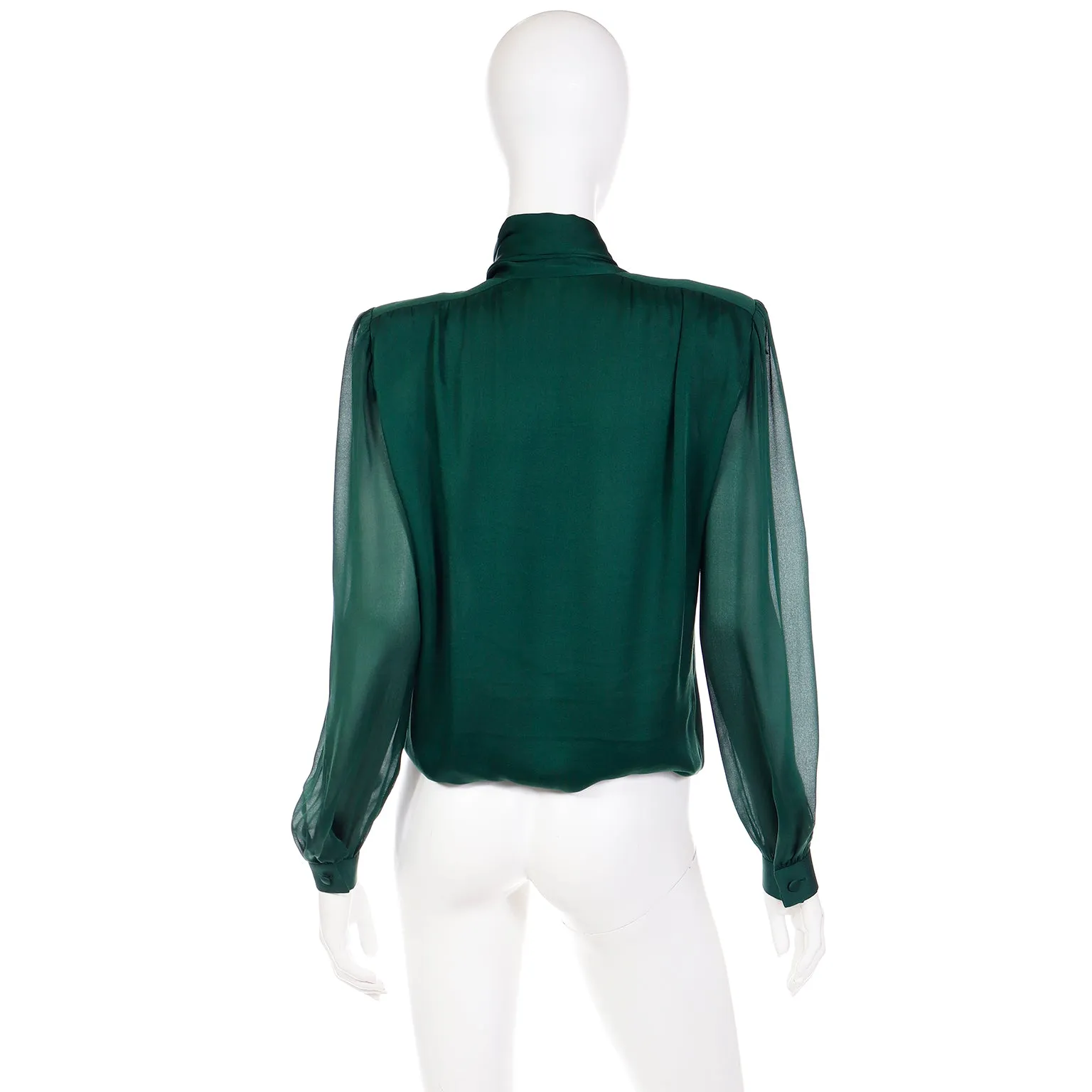1990s Valentino Couture Green Silk Bow Blouse w Sheer Sleeves