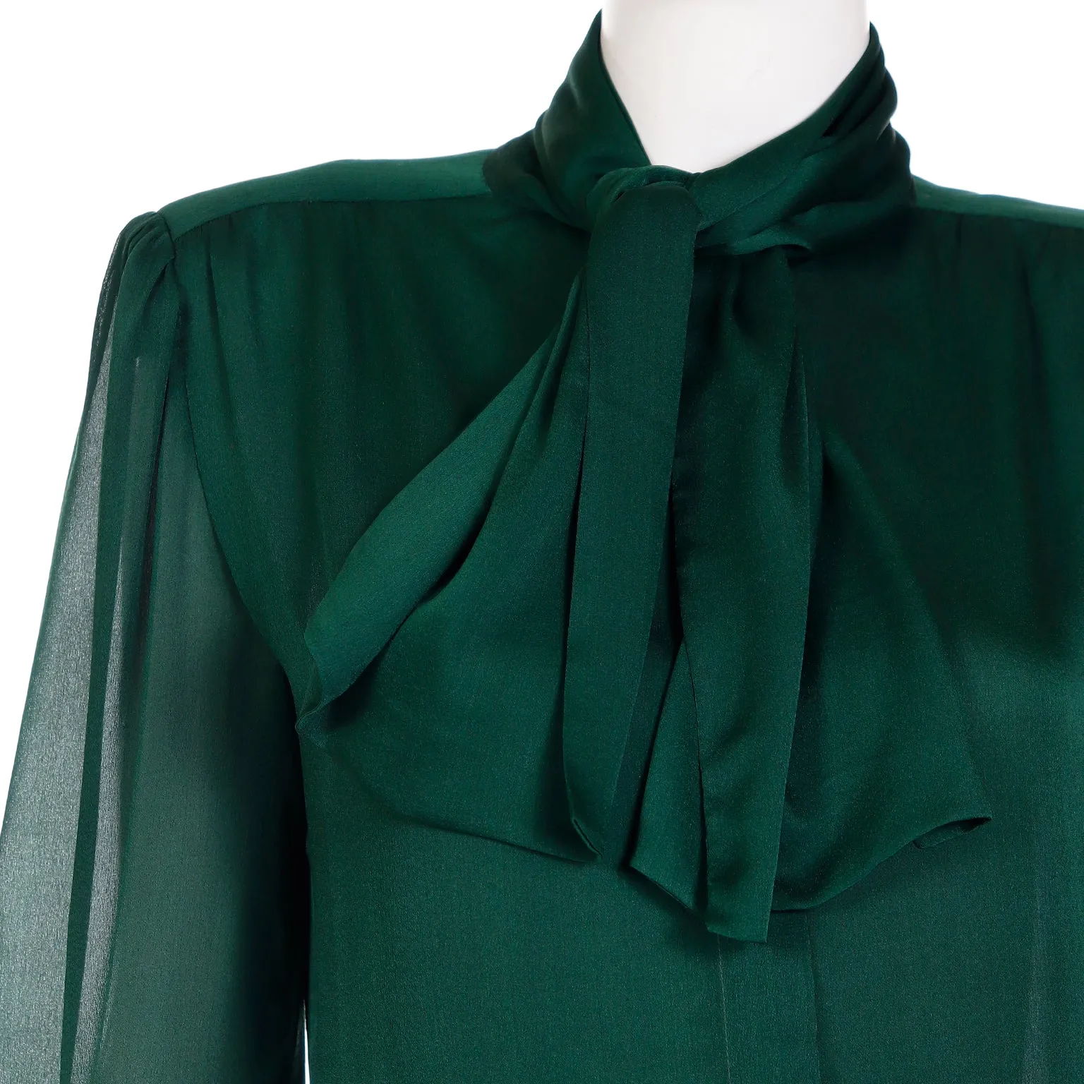 1990s Valentino Couture Green Silk Bow Blouse w Sheer Sleeves