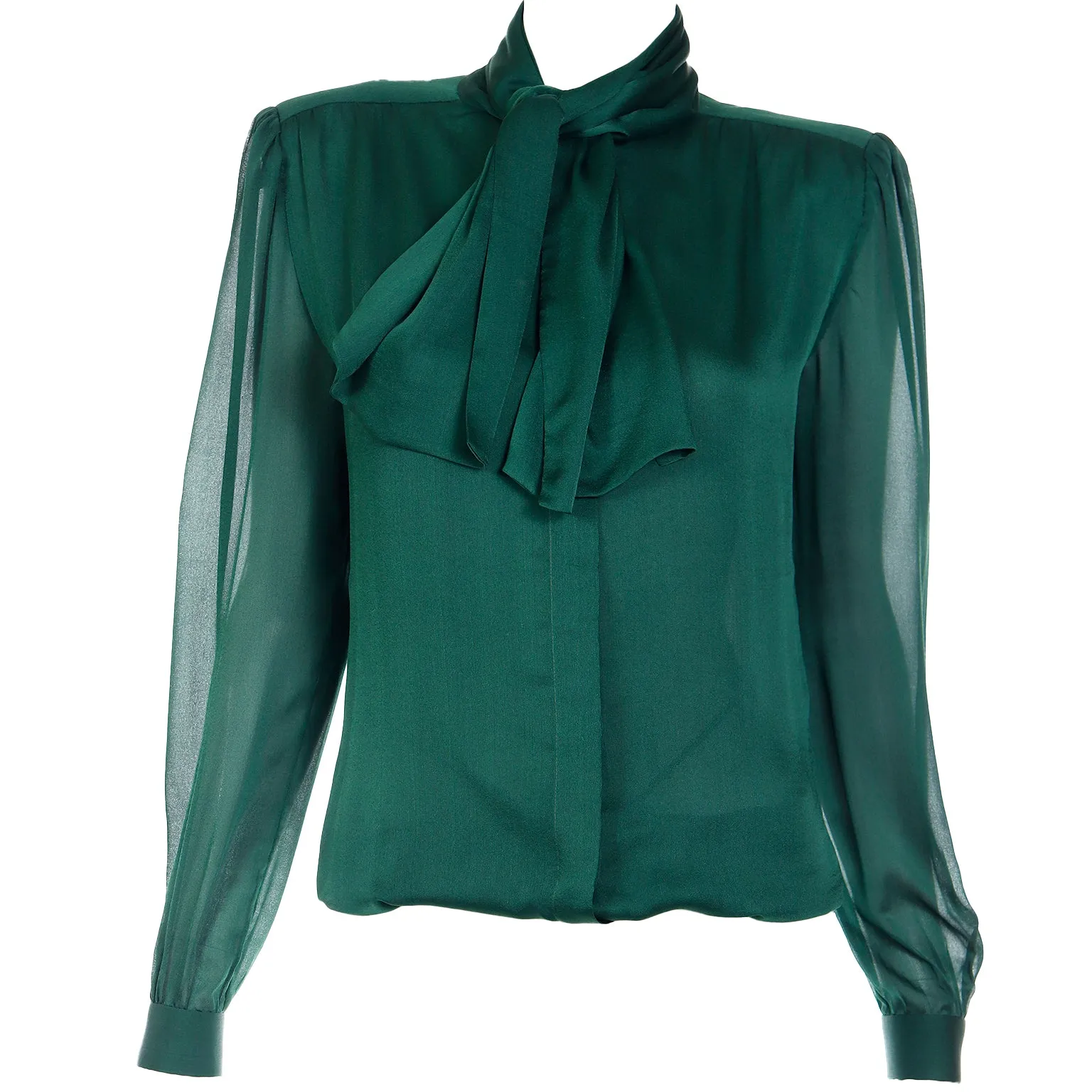 1990s Valentino Couture Green Silk Bow Blouse w Sheer Sleeves