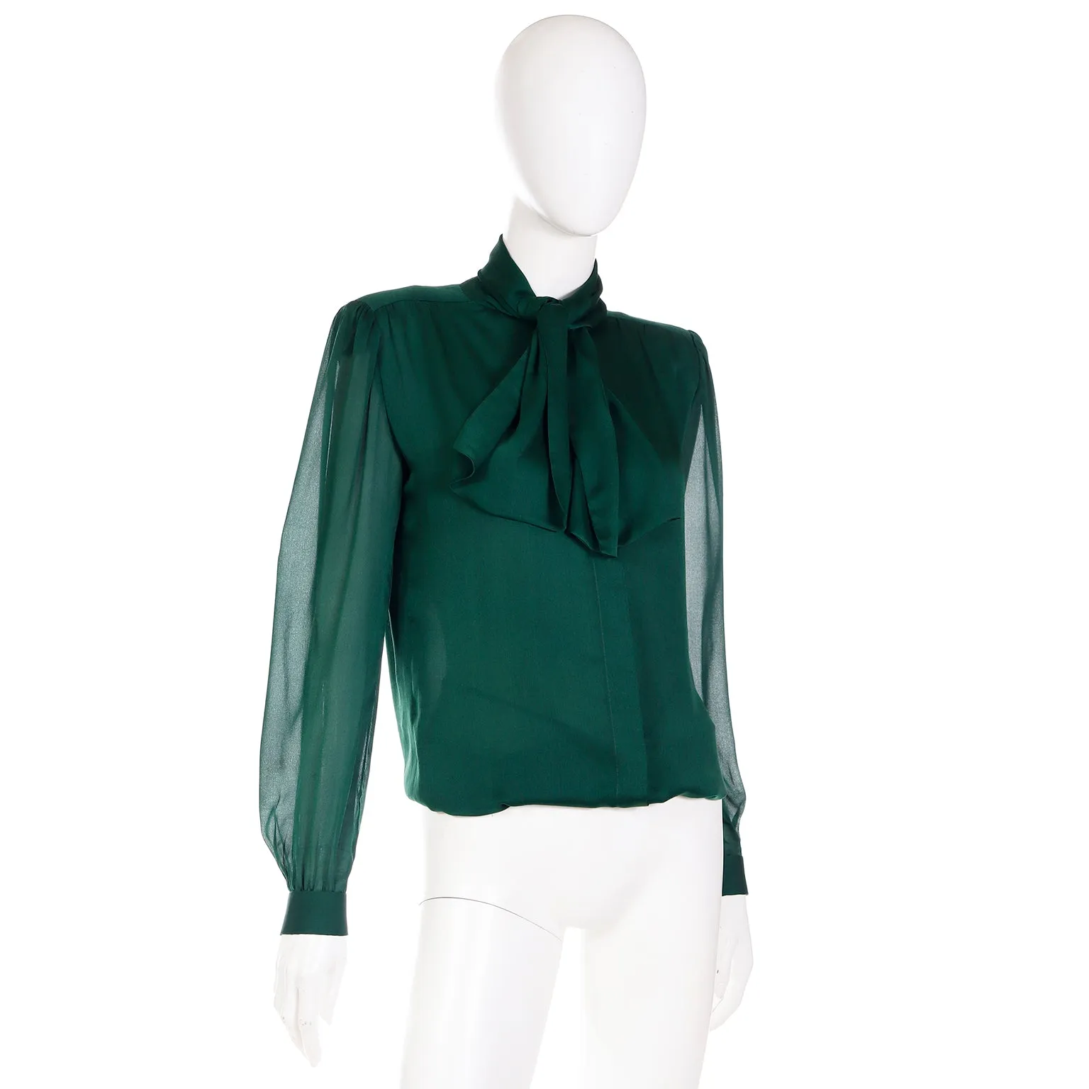 1990s Valentino Couture Green Silk Bow Blouse w Sheer Sleeves