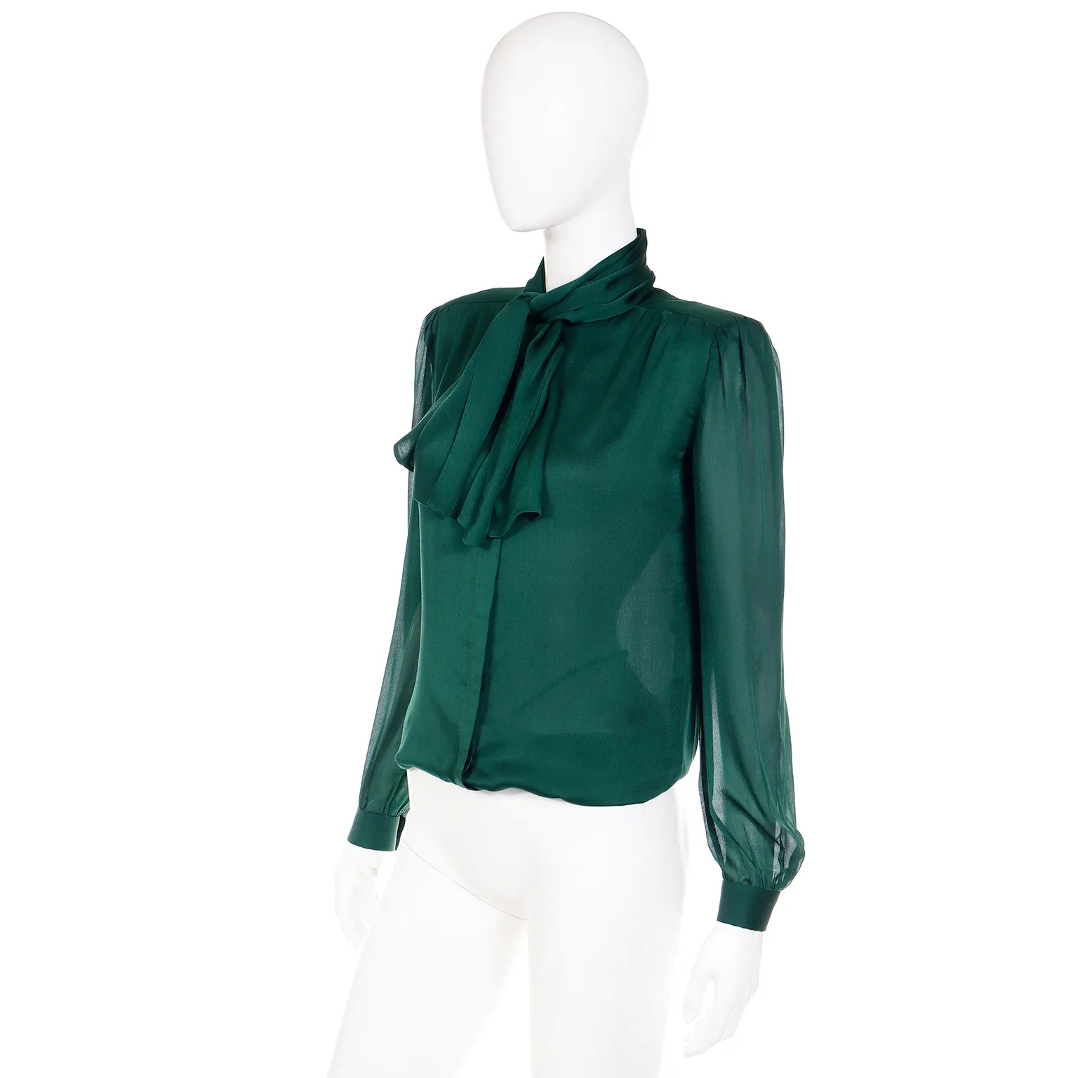 1990s Valentino Couture Green Silk Bow Blouse w Sheer Sleeves