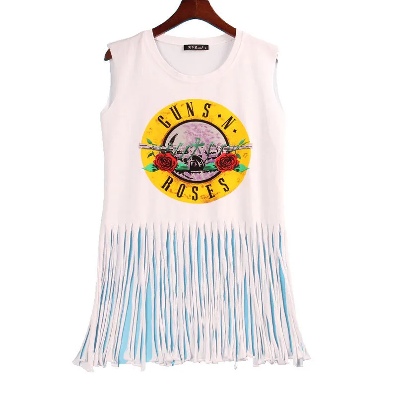 2 Colors Sexy Hot T Shirt Women GUNS N ROSES Print Crop Top T-shirt Women Cropped Tops Tassel Hollow Out Sleeveless  Tee Shirt
