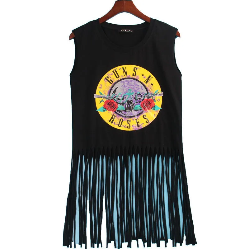 2 Colors Sexy Hot T Shirt Women GUNS N ROSES Print Crop Top T-shirt Women Cropped Tops Tassel Hollow Out Sleeveless  Tee Shirt