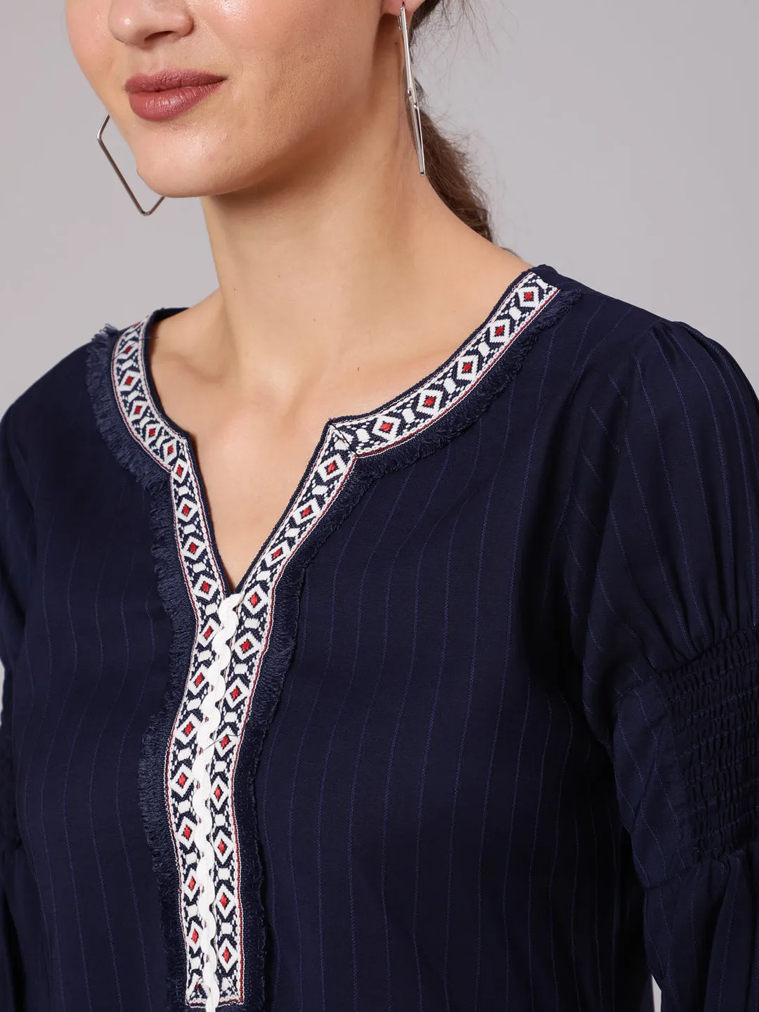 A Blue Poly Silk Lace Embellished Top With Smocked Sleeves