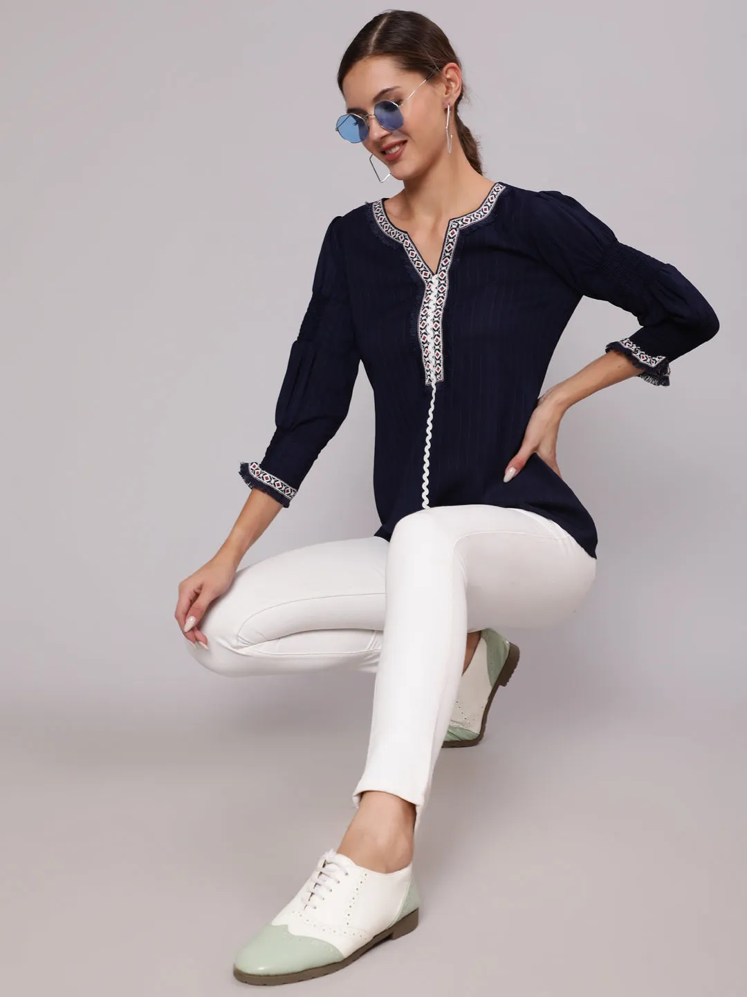 A Blue Poly Silk Lace Embellished Top With Smocked Sleeves