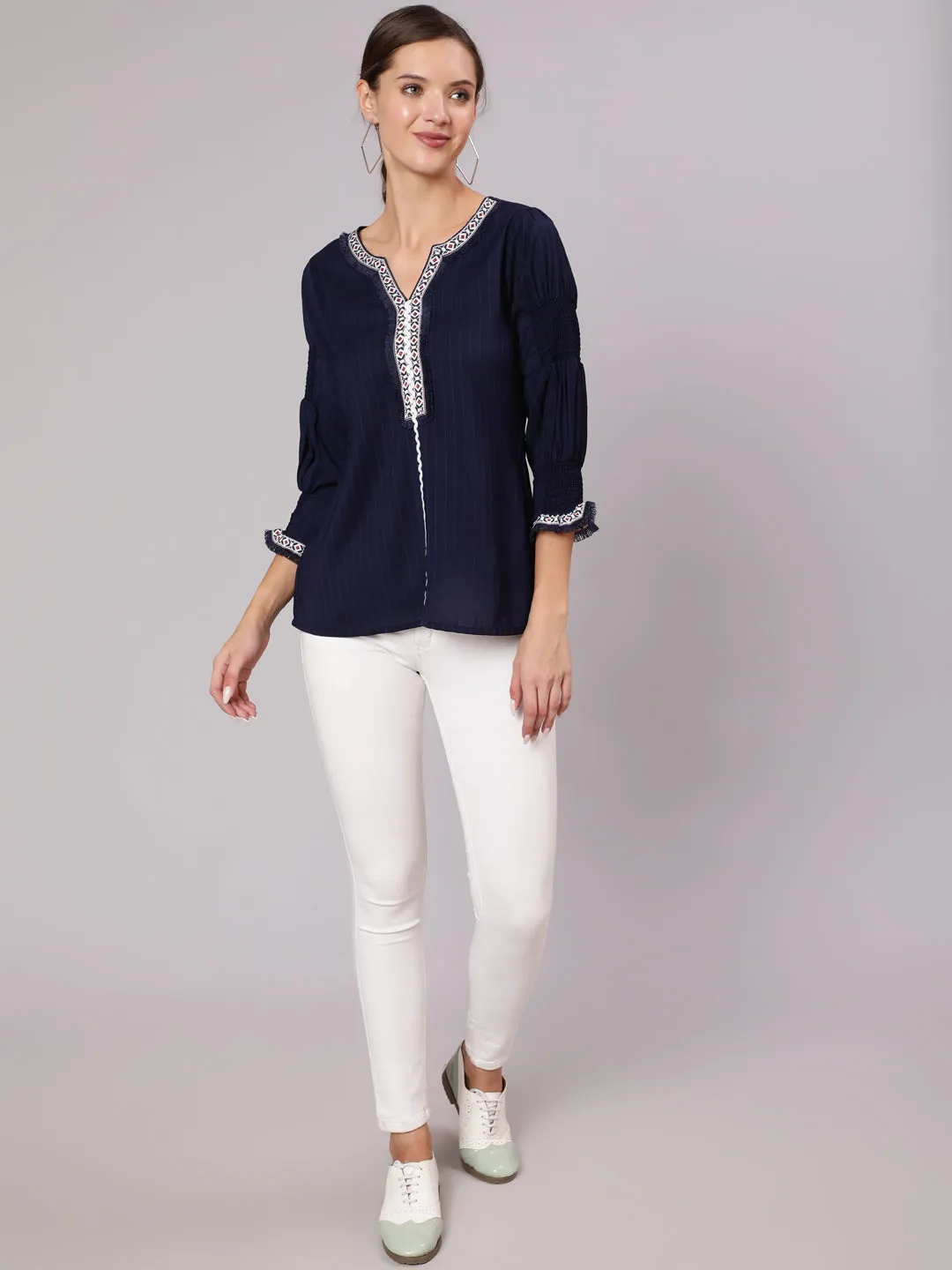 A Blue Poly Silk Lace Embellished Top With Smocked Sleeves