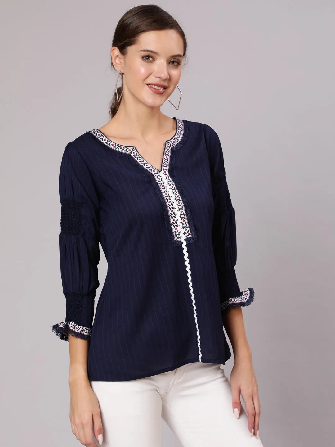 A Blue Poly Silk Lace Embellished Top With Smocked Sleeves