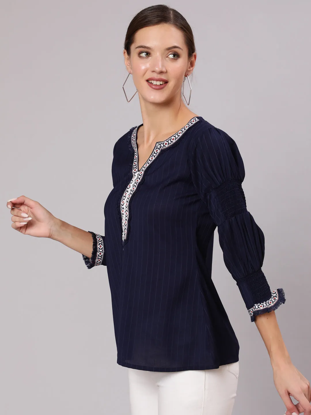 A Blue Poly Silk Lace Embellished Top With Smocked Sleeves