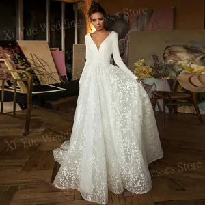 A Line Women's Wedding Dresses Elegant V Neck Long Sleeve Bride Gowns