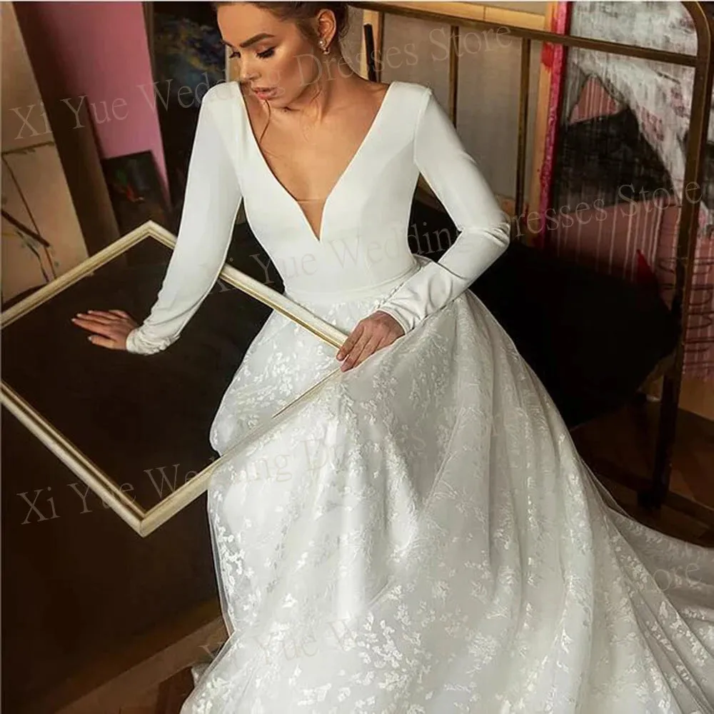 A Line Women's Wedding Dresses Elegant V Neck Long Sleeve Bride Gowns