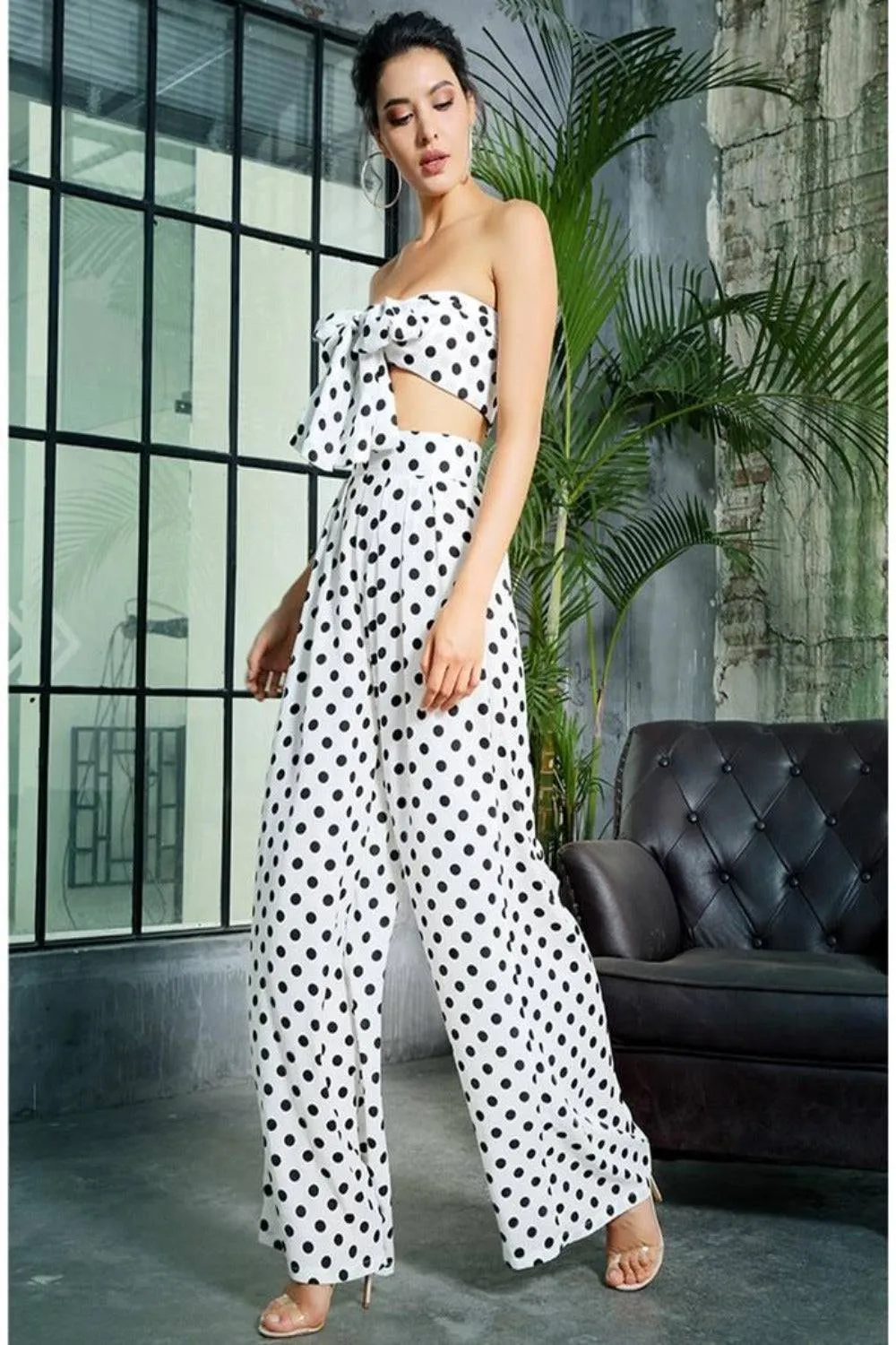 Black And White Polka Dot Two-Piece Strapless Top High Waist Pants Set
