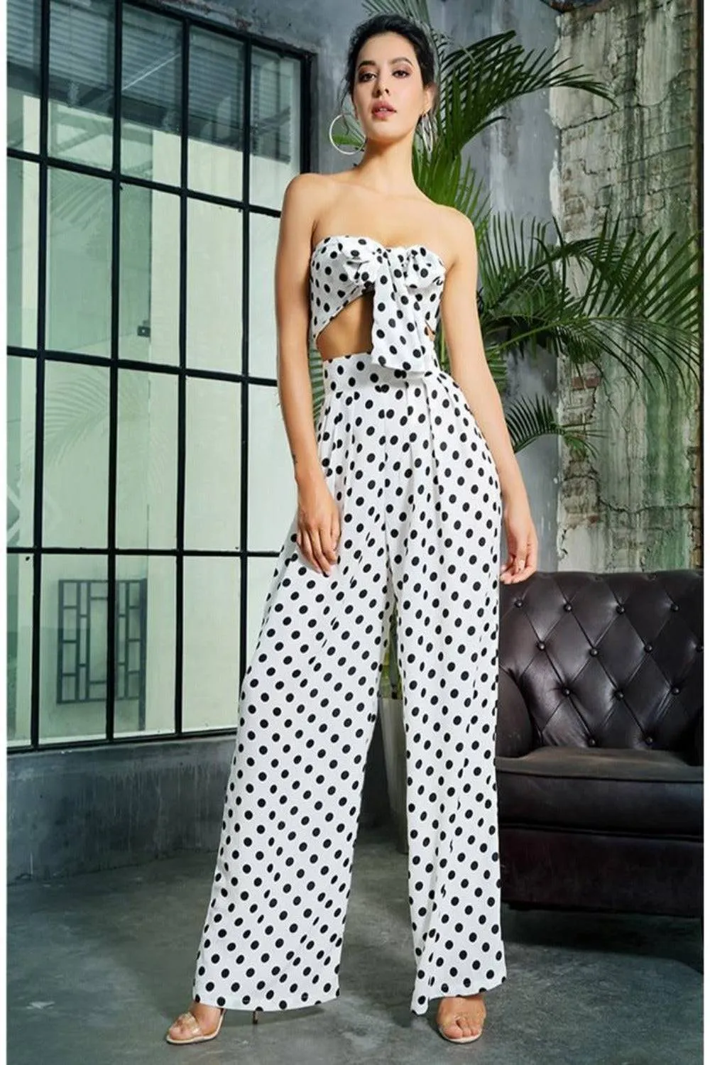 Black And White Polka Dot Two-Piece Strapless Top High Waist Pants Set