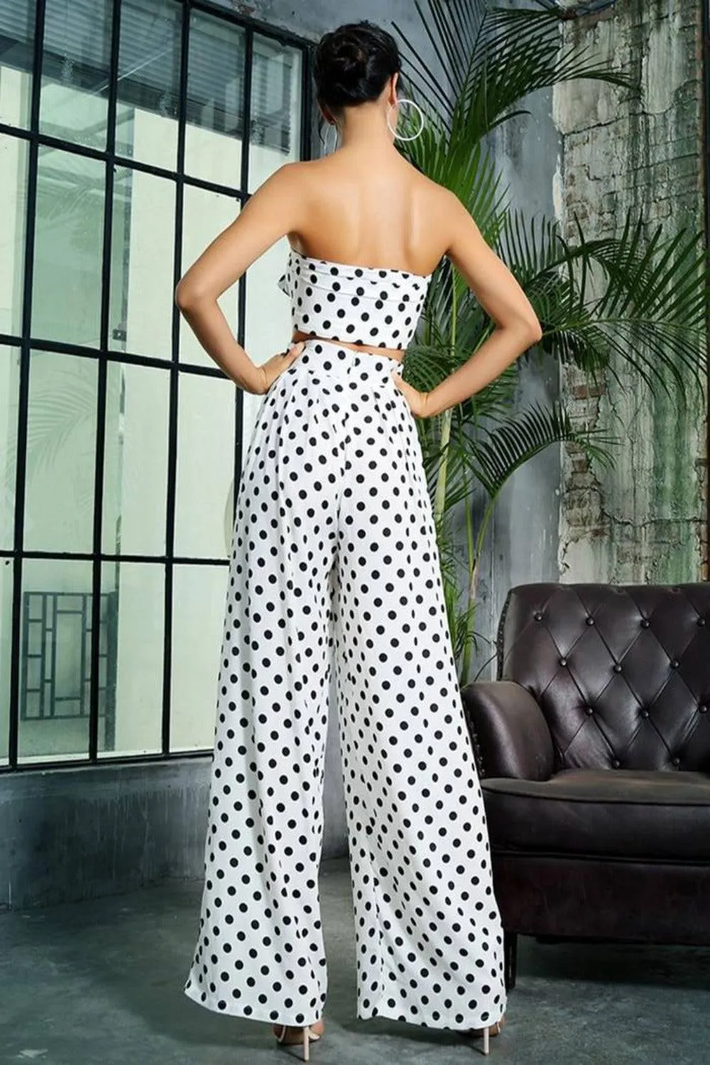 Black And White Polka Dot Two-Piece Strapless Top High Waist Pants Set