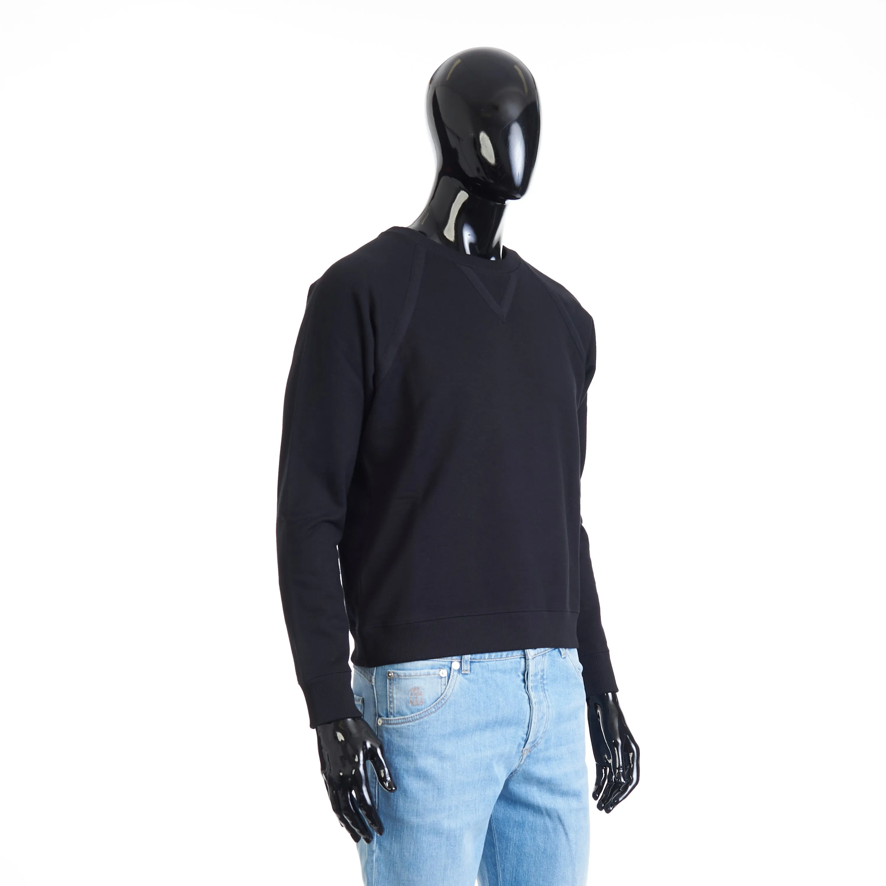Black Crewneck Raglan-Sleeve Sweatshirt - Cotton, Grosgrain Detail