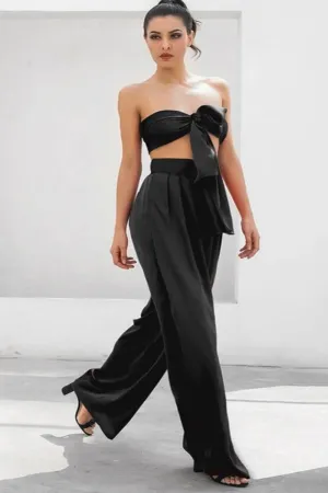 Black Strapless Tie Front High Waist Wide Leg Jumpsuit Pants Set