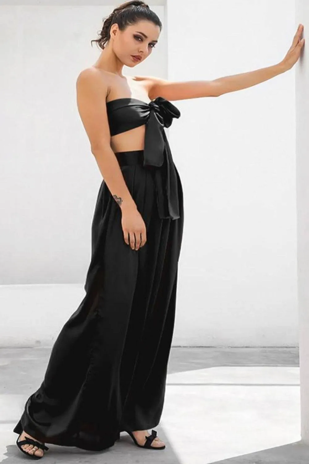 Black Strapless Tie Front High Waist Wide Leg Jumpsuit Pants Set