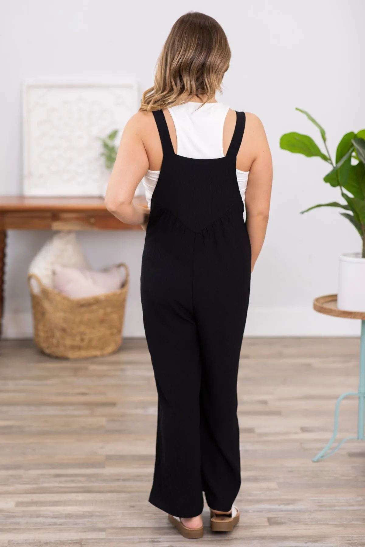 Black Wide Leg Overalls With Button Detail