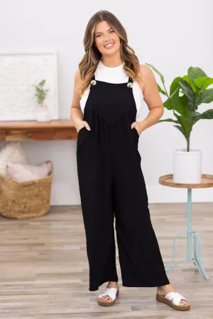 Black Wide Leg Overalls With Button Detail