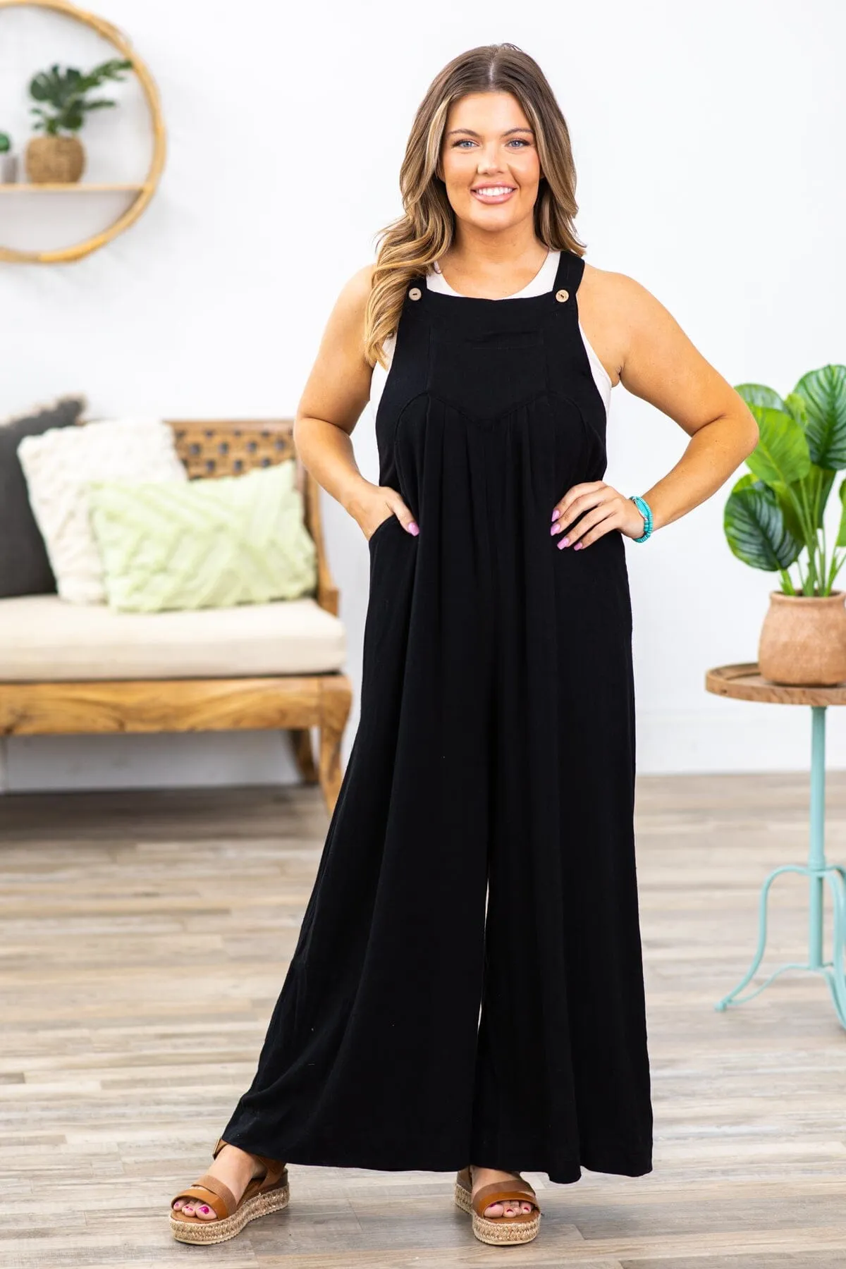 Black Wide Leg Overalls With Pockets