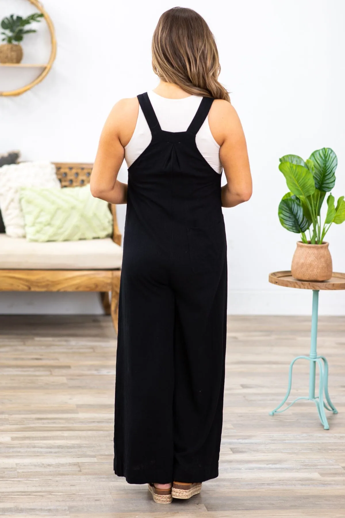 Black Wide Leg Overalls With Pockets
