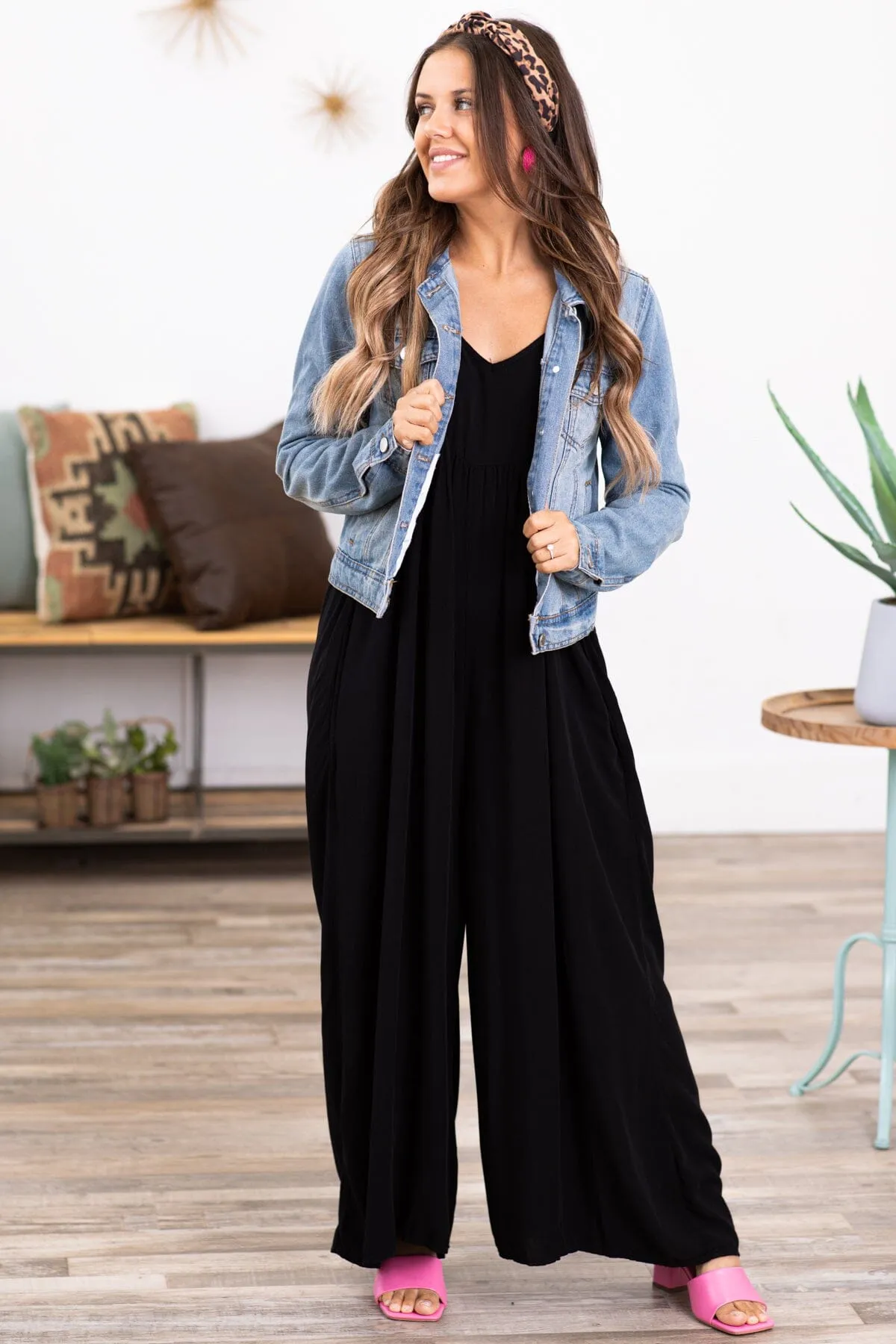 Black Wide Leg V-Neck Jumpsuit