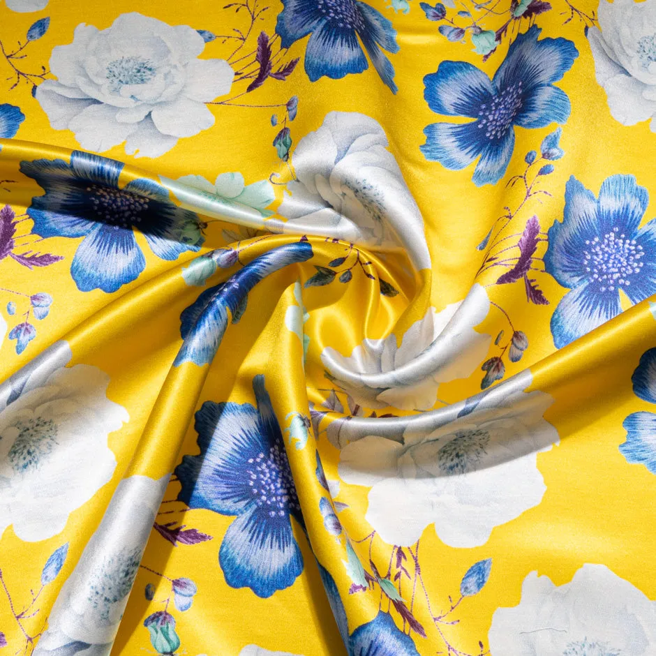 Blue & White Floral Printed Yellow Double Silk Satin