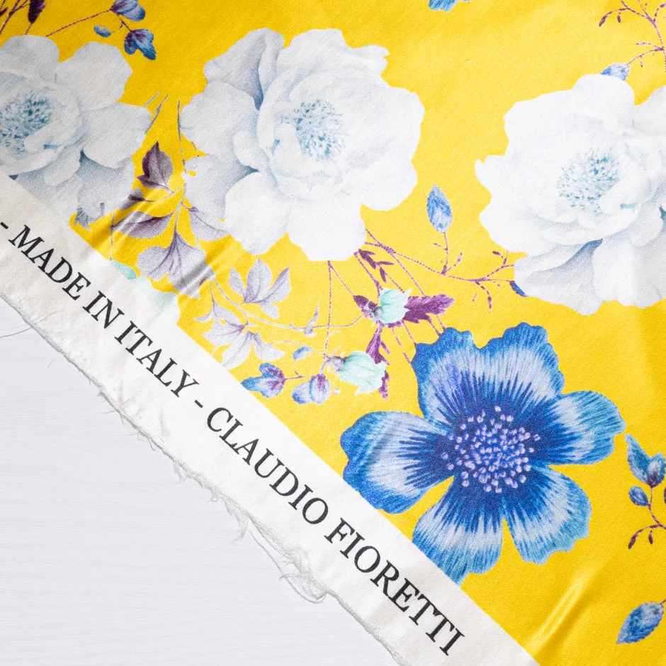 Blue & White Floral Printed Yellow Double Silk Satin