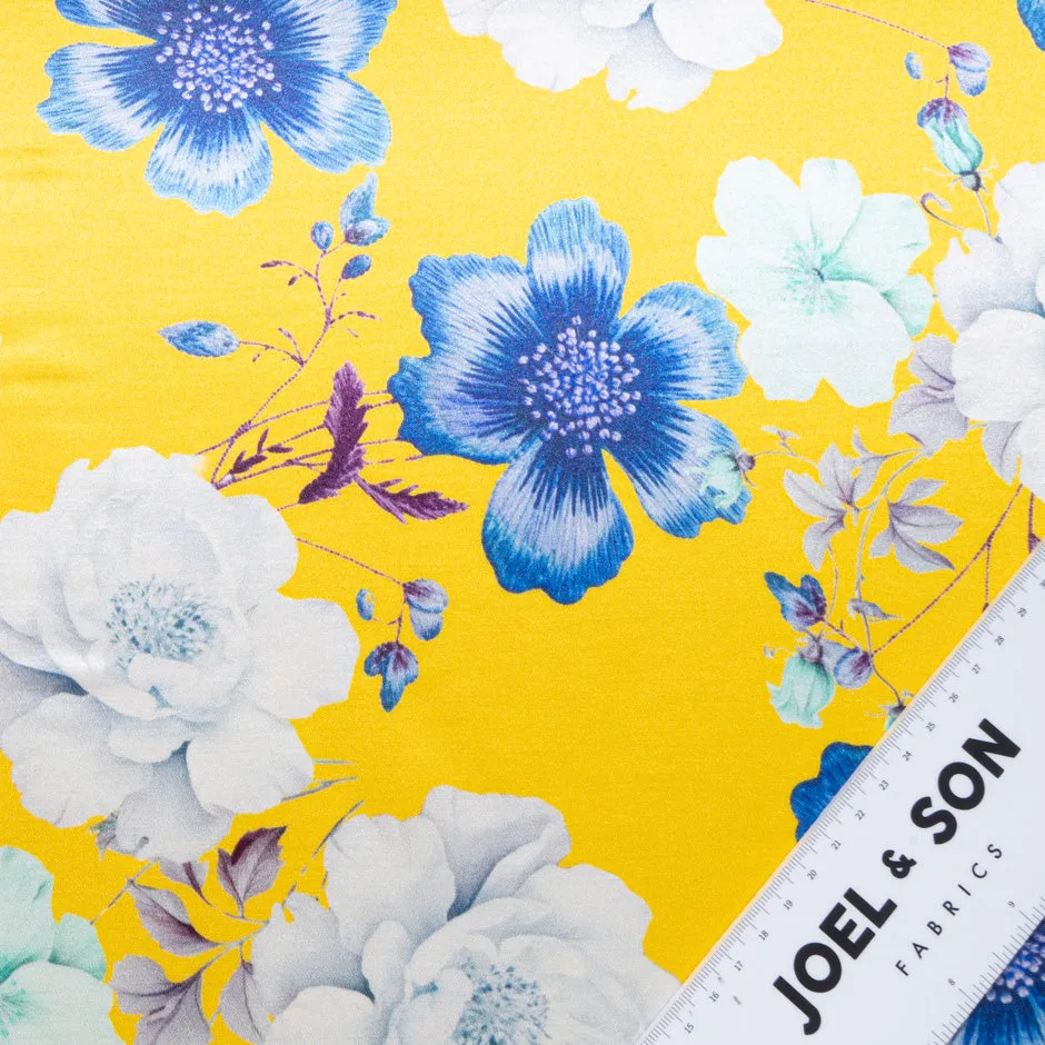 Blue & White Floral Printed Yellow Double Silk Satin