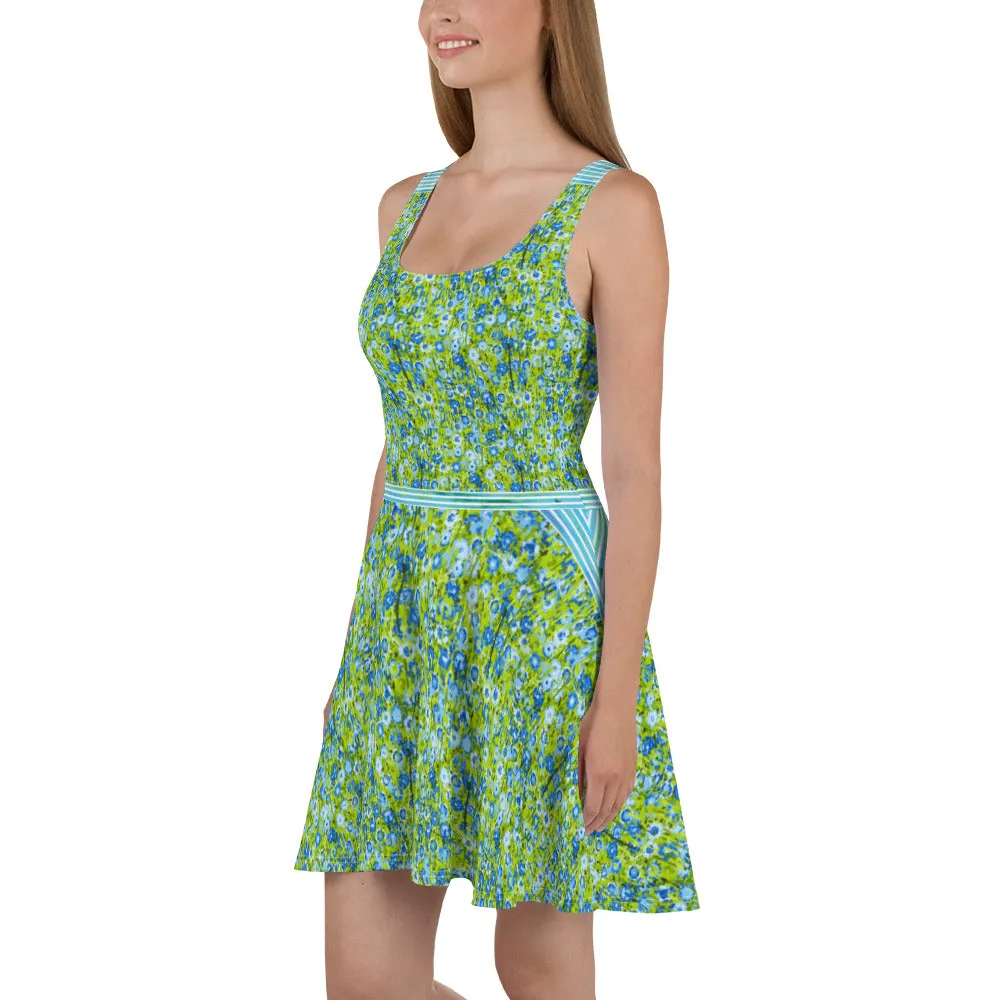 Blue and Green Flowers and Stripes - Skater Dress