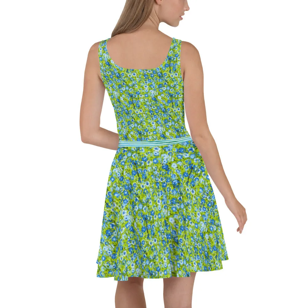 Blue and Green Flowers and Stripes - Skater Dress