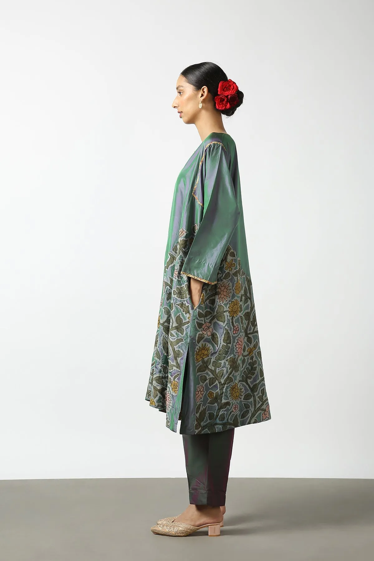 Blue Kalamkari Applique Silk Tops With Kanchi Cotton Pants