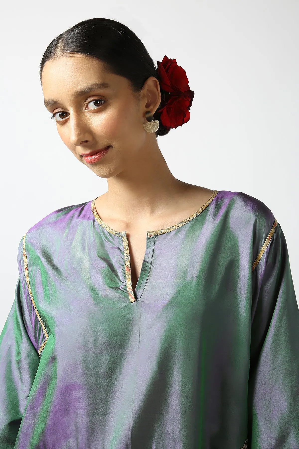 Blue Kalamkari Applique Silk Tops With Kanchi Cotton Pants