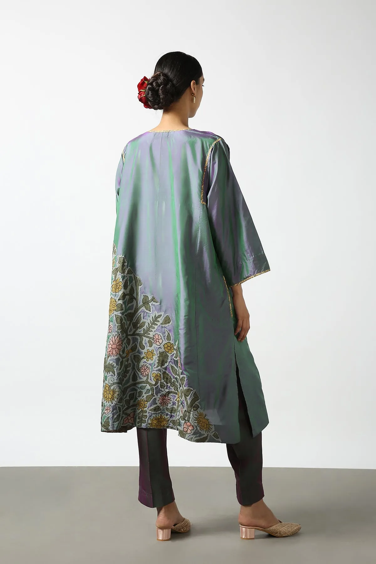 Blue Kalamkari Applique Silk Tops With Kanchi Cotton Pants