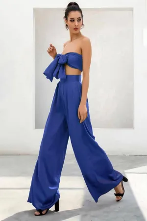 Blue Strapless Tie Front High Waist Wide Leg Jumpsuit Pants Set