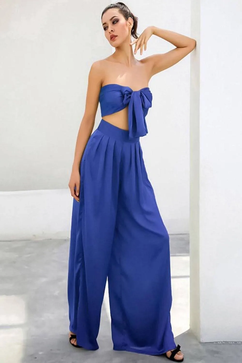 Blue Strapless Tie Front High Waist Wide Leg Jumpsuit Pants Set