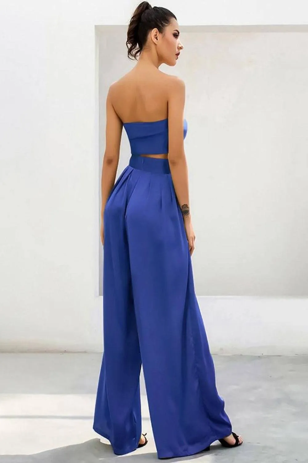 Blue Strapless Tie Front High Waist Wide Leg Jumpsuit Pants Set