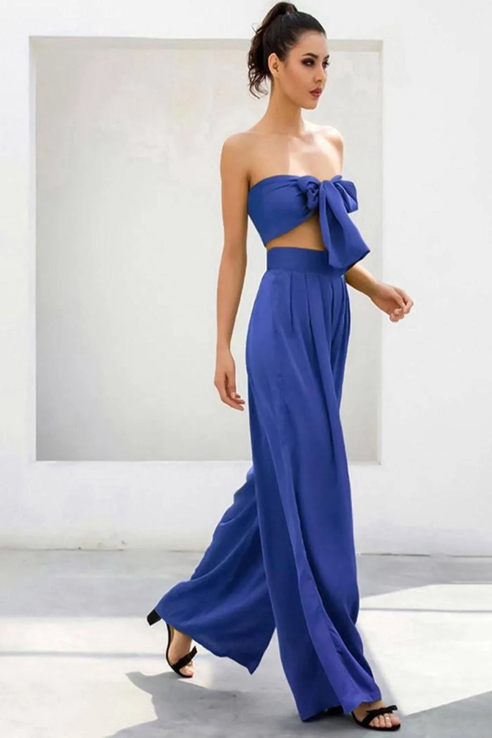 Blue Strapless Tie Front High Waist Wide Leg Jumpsuit Pants Set
