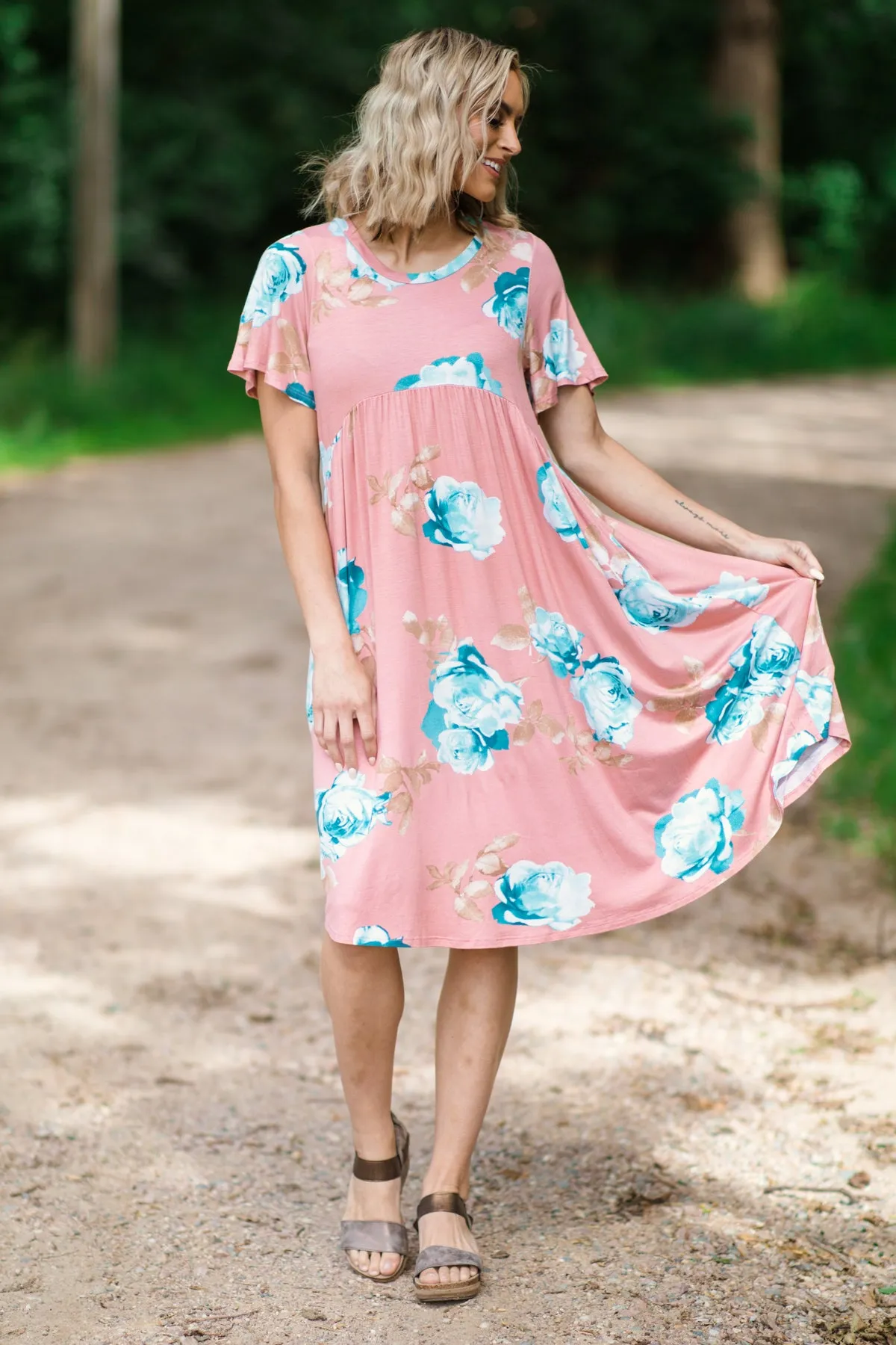 Blush and Aqua Floral Print Midi Dress