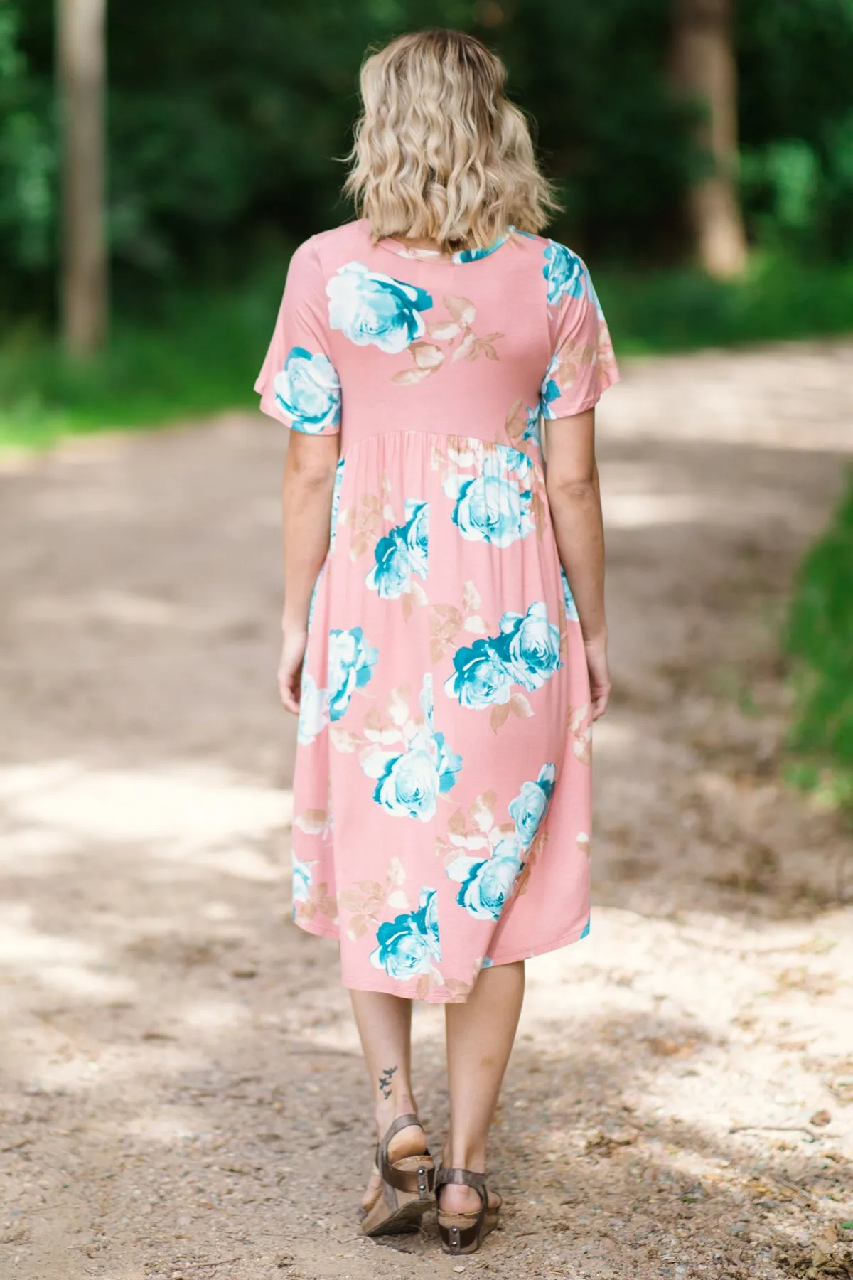 Blush and Aqua Floral Print Midi Dress