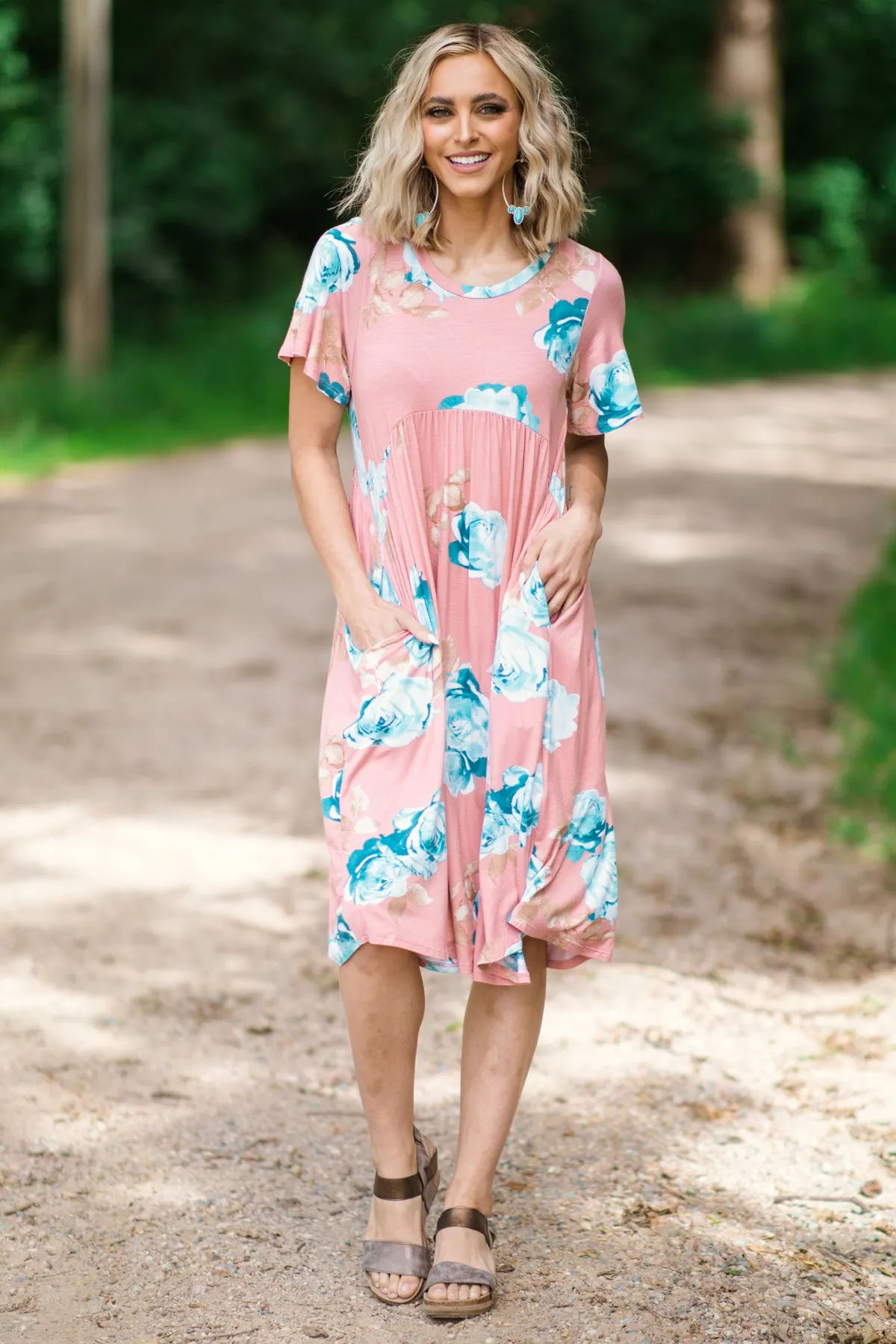 Blush and Aqua Floral Print Midi Dress