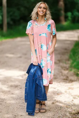 Blush and Aqua Floral Print Midi Dress