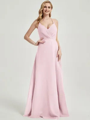 Blush Pleated Halter V-Neck Backless Maxi Chiffon Bridesmaid Dress