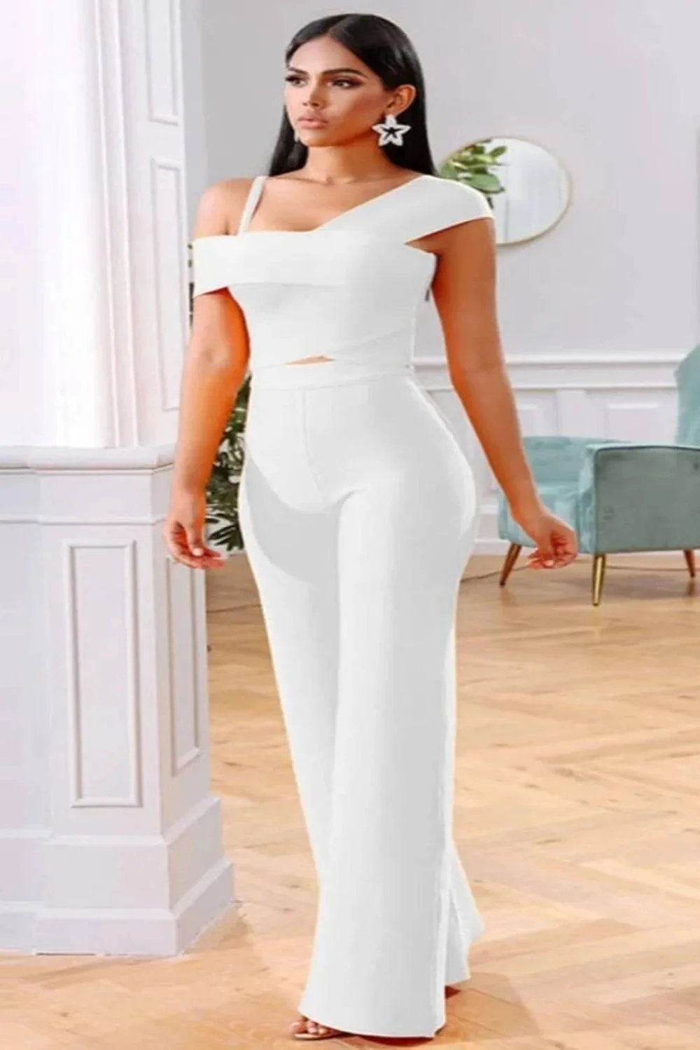 bodycon Jumpsuit Top & Pants White Two Piece Set