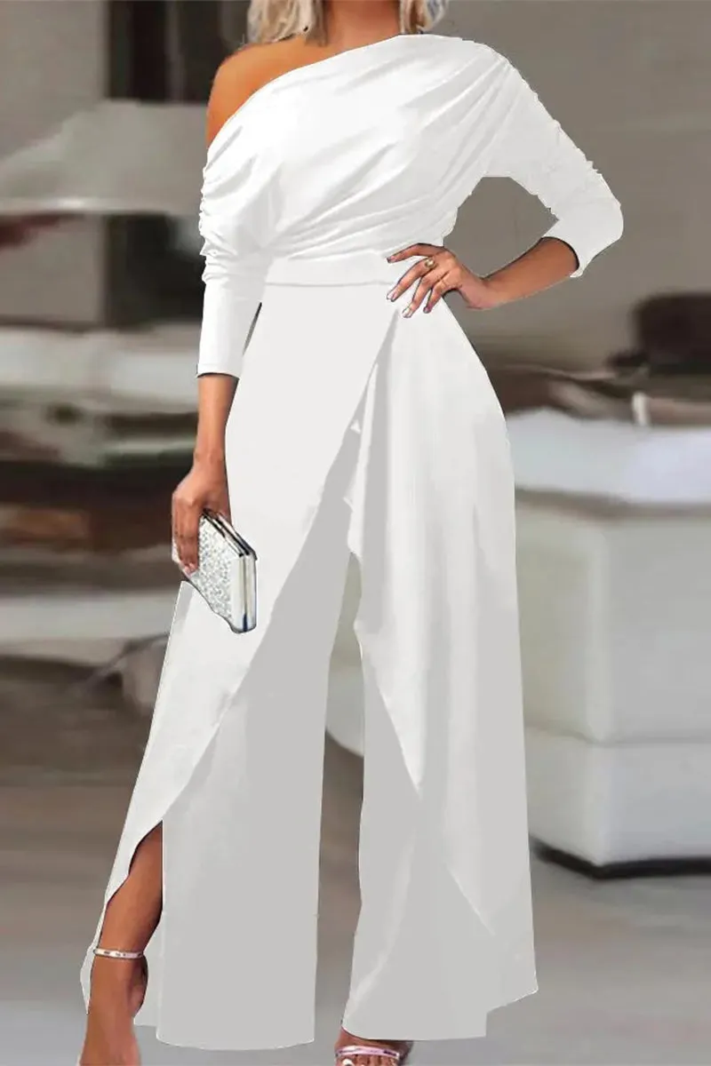 British Style Solid Backless Asymmetrical Oblique Collar Regular Jumpsuits