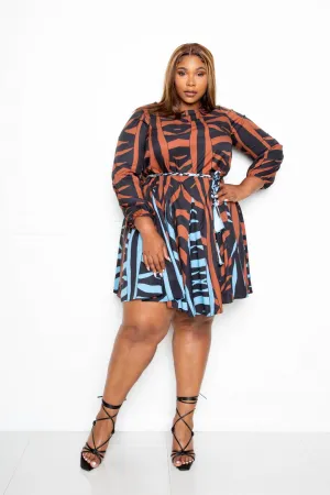 Brown Contrast Animal Print Curvy Dress