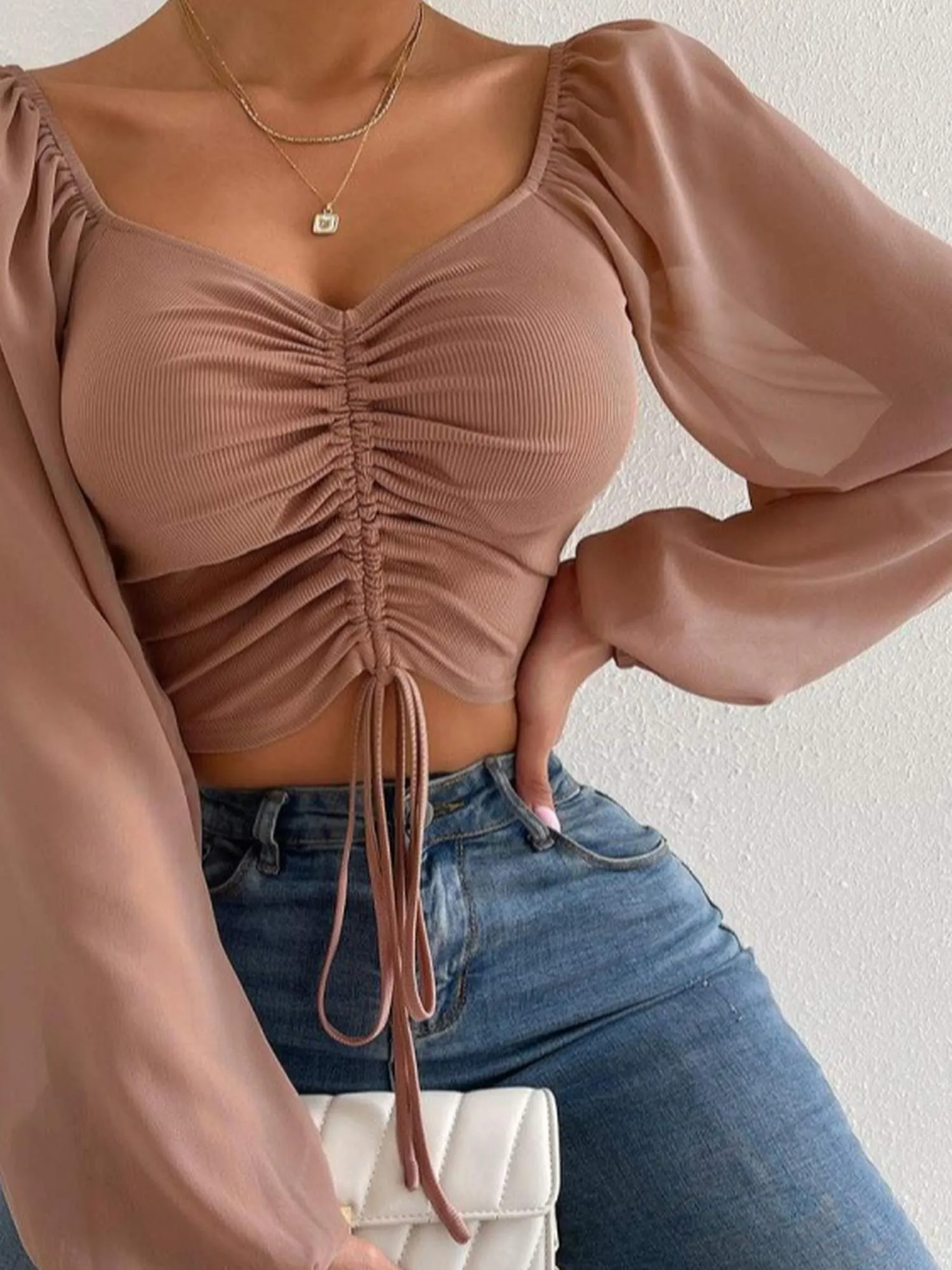 Brown Ruched Blouse With Sheer Sleeves