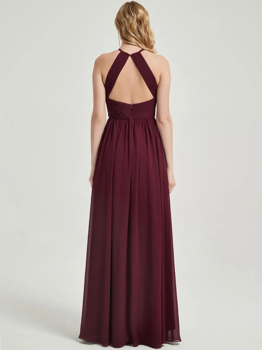 Burgundy Halter Pleated Keyhole Back Chiffon Bridesmaid Dress
