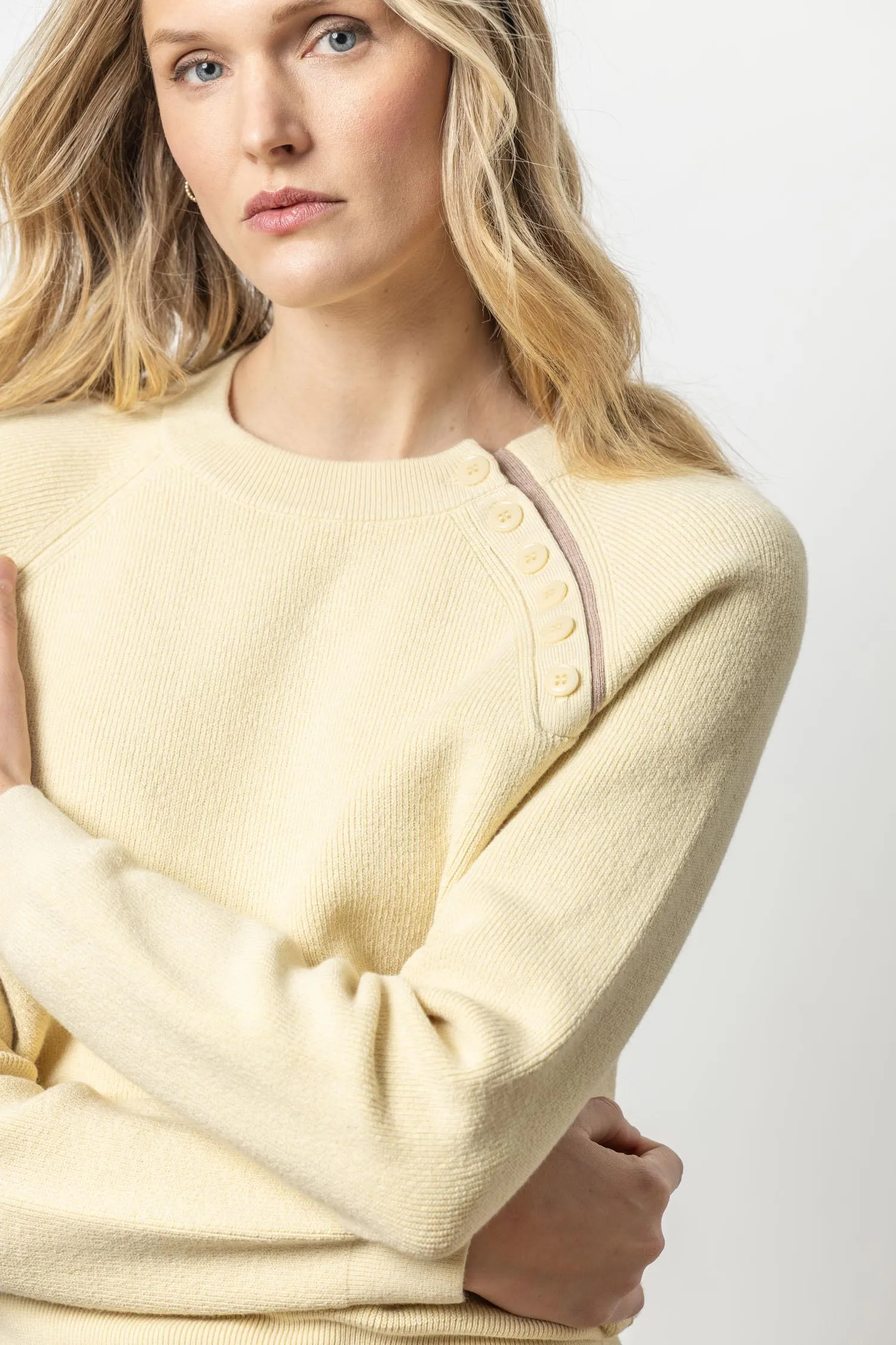 Button Raglan Crewneck Sweater