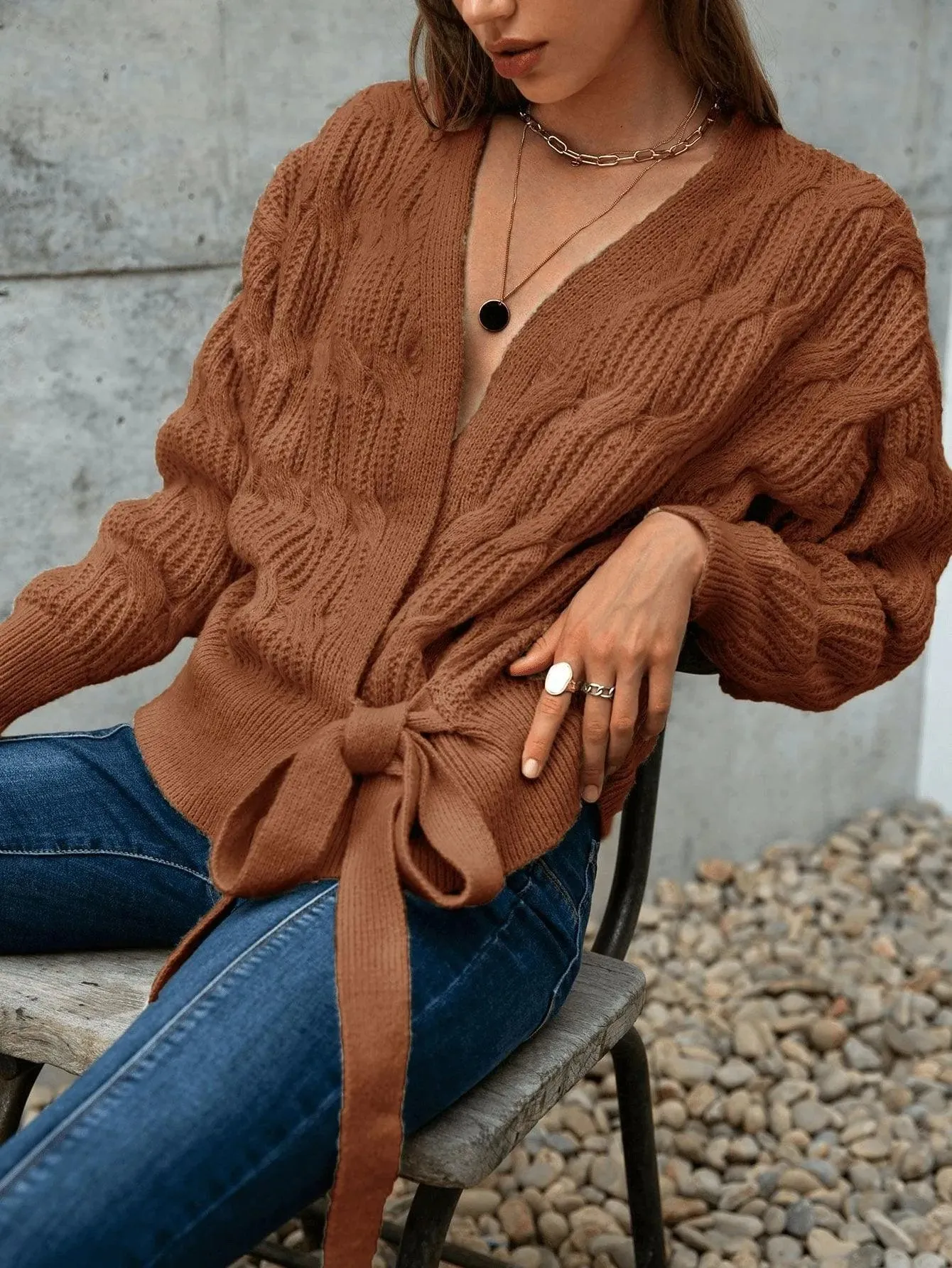 Cable Knit Drop Shoulder Wrap Knot Side Sweater